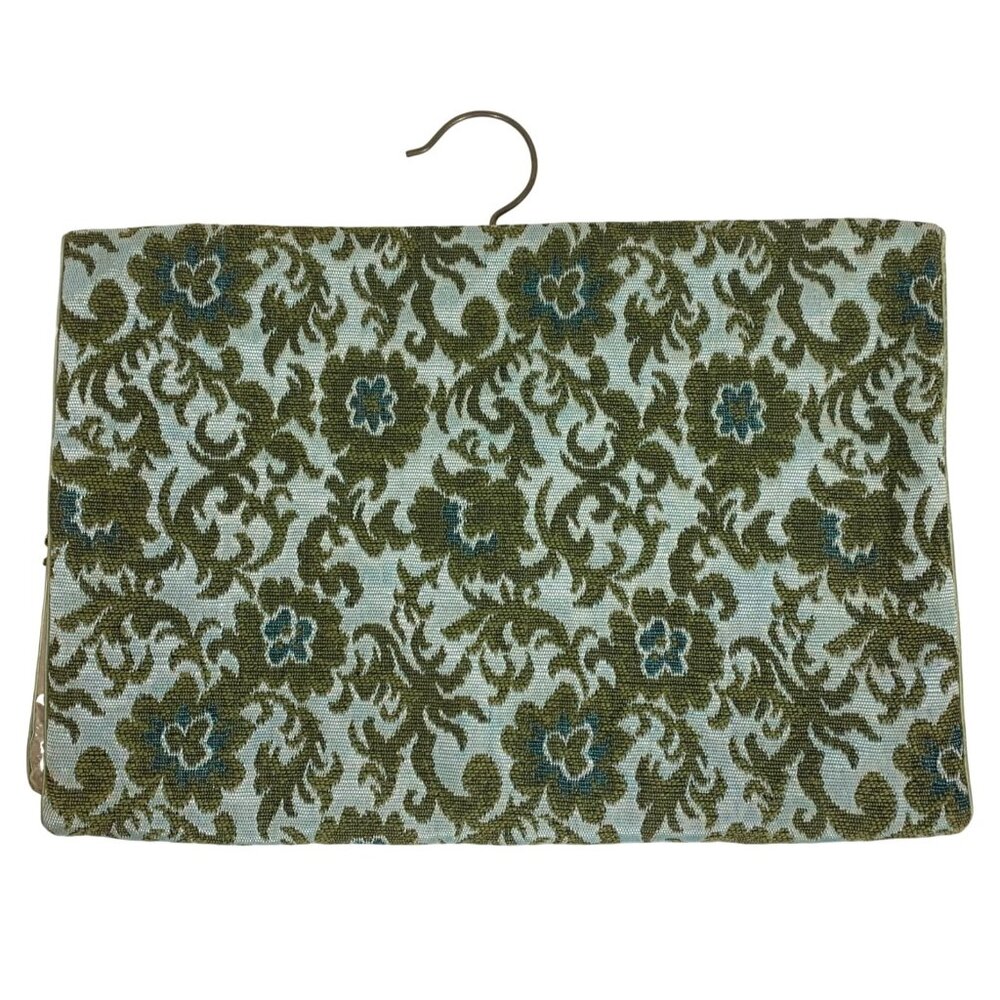 60s Hanging Fold Jewelry Lingerie Organizer Bag Green Floral Damask Talon Zipper - Picture 4 of 5
